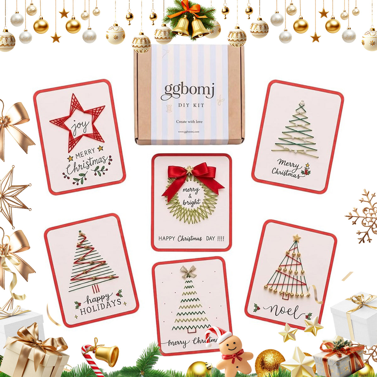 Christmas Card Embroidery Kit 6 Designs DIY String Art Style B