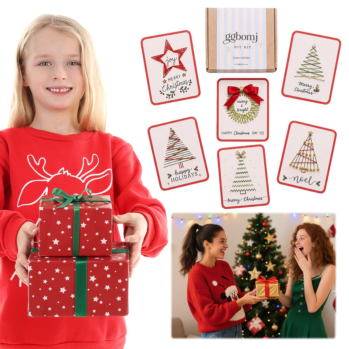 Christmas Card Embroidery Kit 6 Designs DIY String Art Style B
