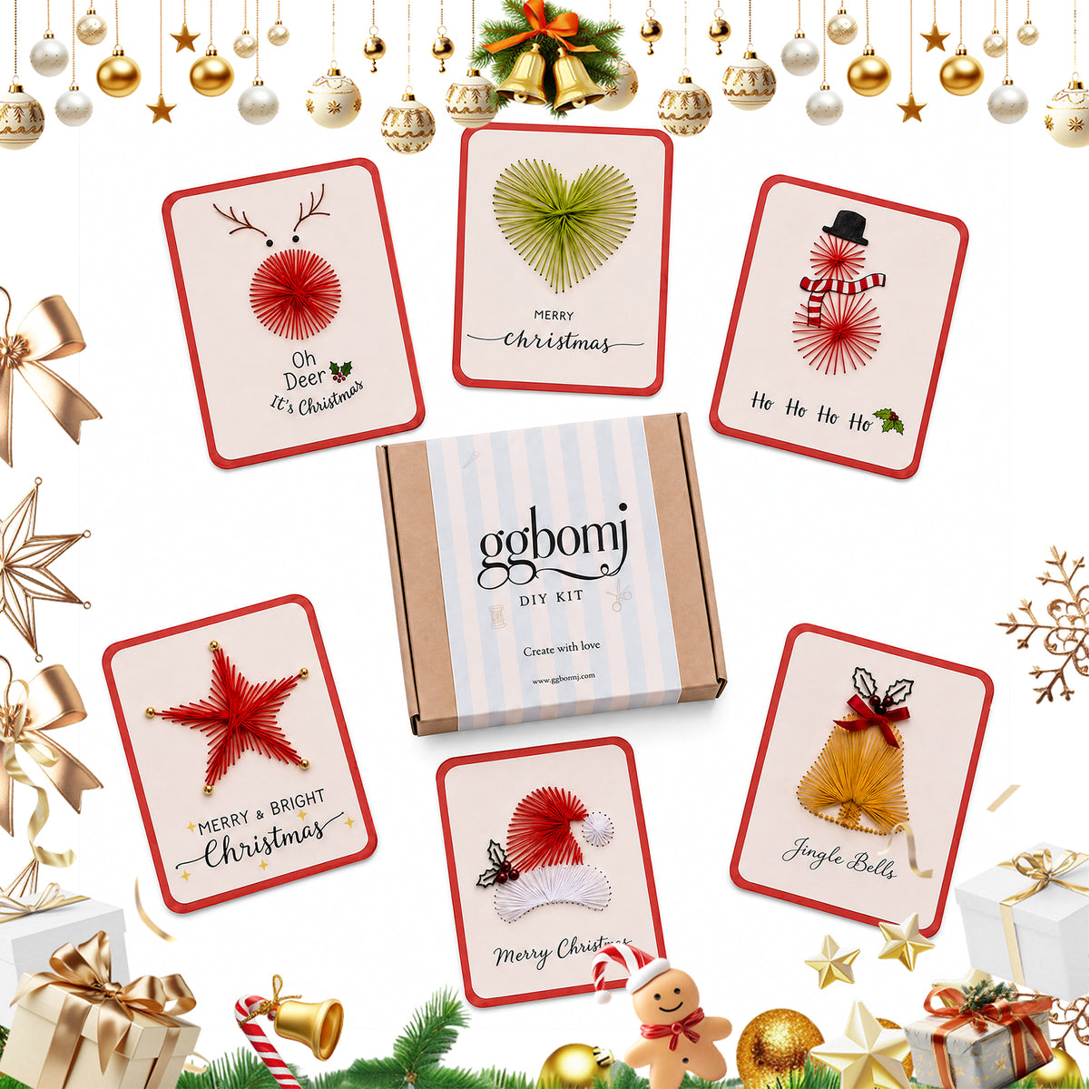 Christmas Card Embroidery Kit 6 Pack DIY String Art Style C