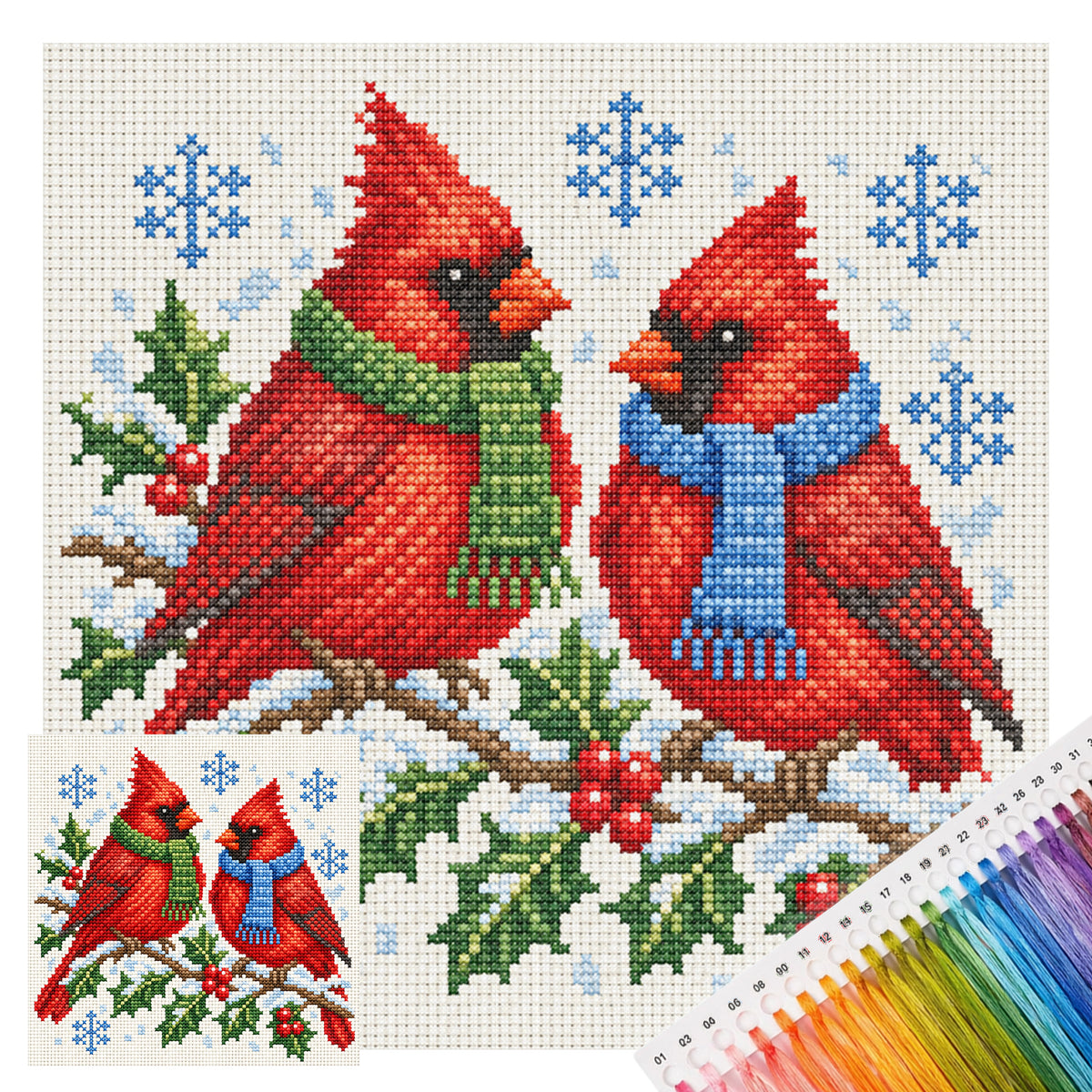 Winter-Sitzender Kardinalvogel – Vollständiges 14CT gestempeltes Kreuzstich-Set 30x30CM – Huacan