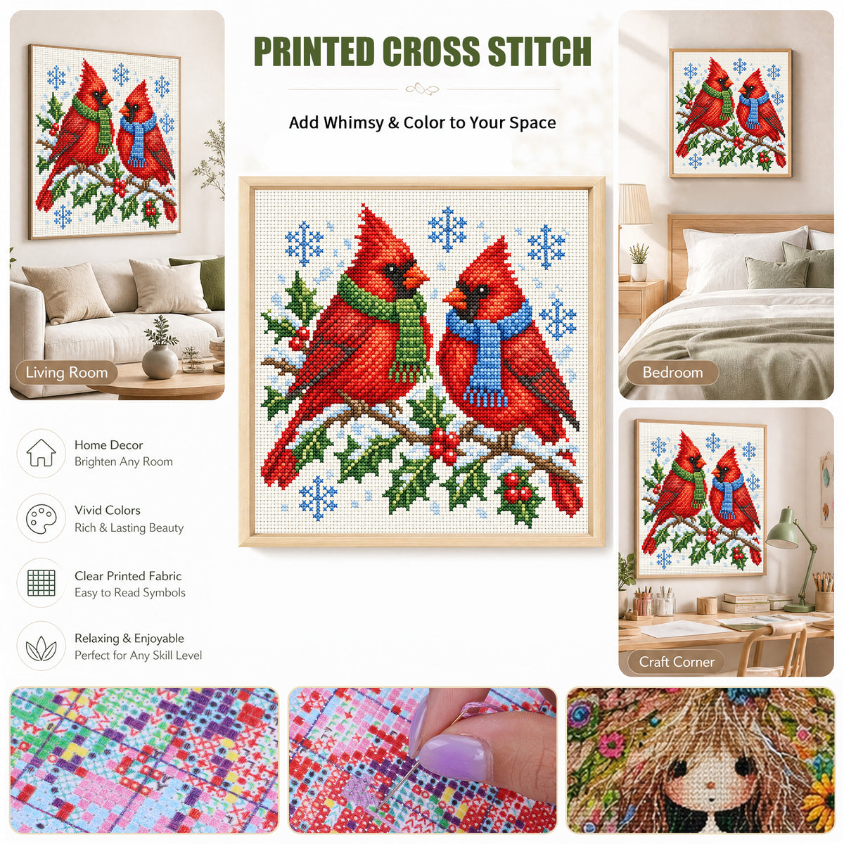 Winter-Sitzender Kardinalvogel – Vollständiges 14CT gestempeltes Kreuzstich-Set 30x30CM – Huacan
