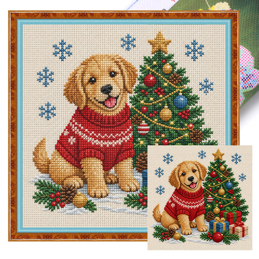 Weihnachts-Golden Retriever – Vollständiges 14CT gestempeltes Kreuzstich-Set 30x30CM – Huacan