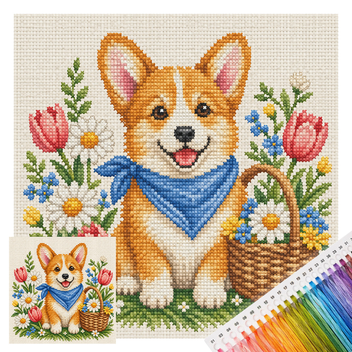 Springtime Corgi-Dog - Full 14CT Stamped Cross Stitch 30x30CM - Huacan