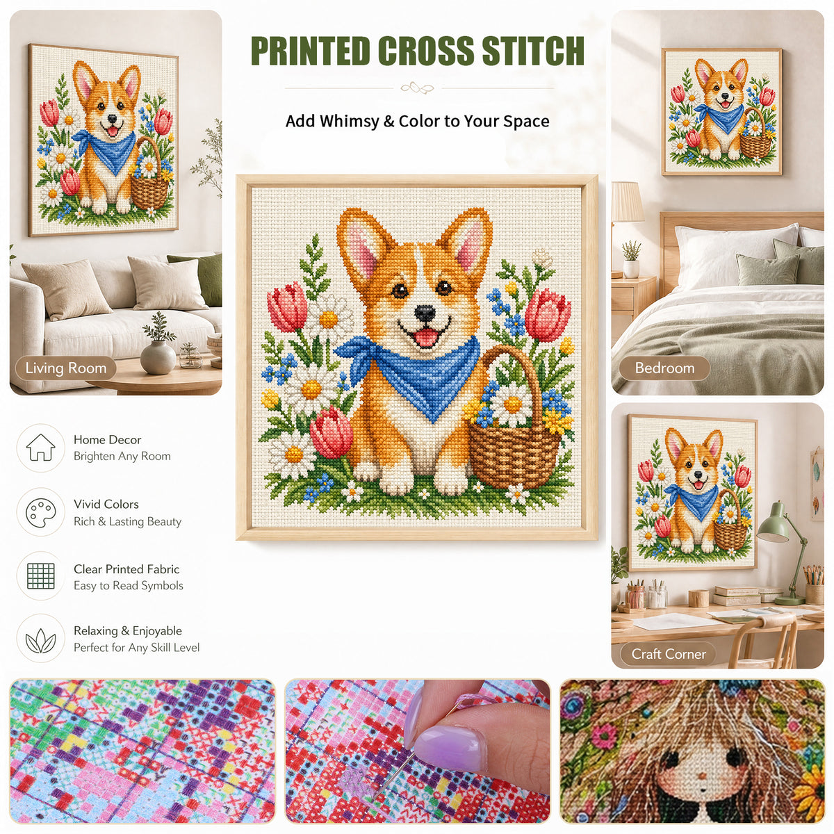 Springtime Corgi-Dog - Full 14CT Stamped Cross Stitch 30x30CM - Huacan