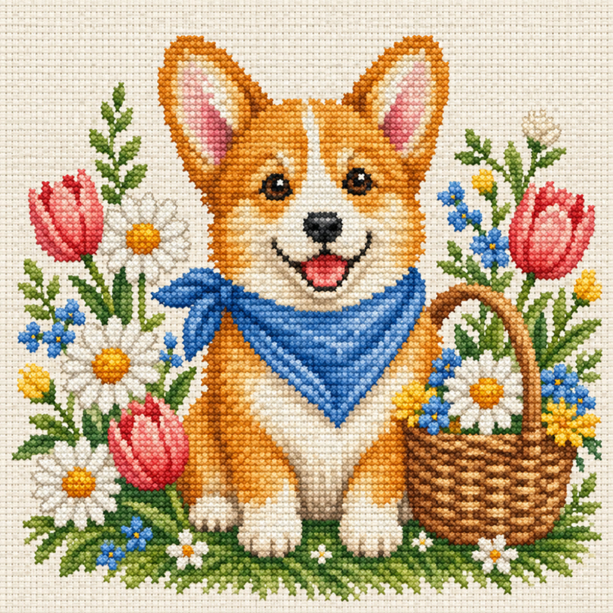Springtime Corgi-Dog - Full 14CT Stamped Cross Stitch 30x30CM - Huacan