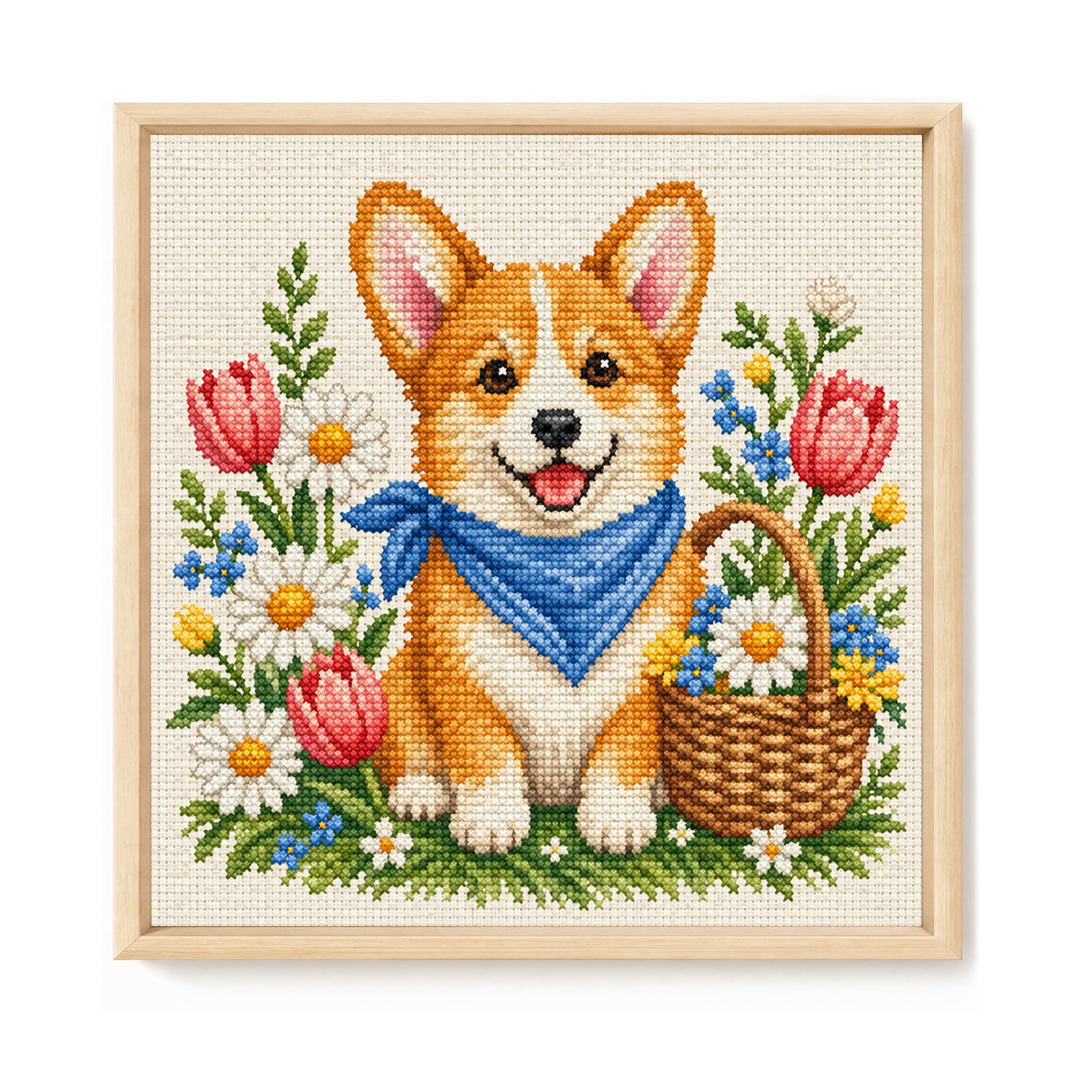 Springtime Corgi-Dog - Full 14CT Stamped Cross Stitch 30x30CM - Huacan