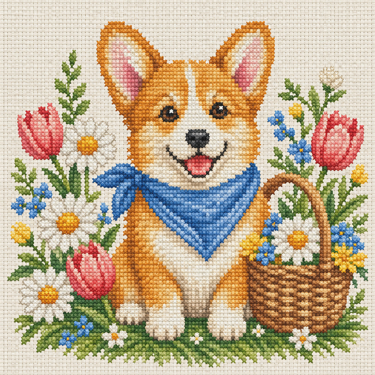 Springtime Corgi-Dog - Full 14CT Stamped Cross Stitch 30x30CM - Huacan
