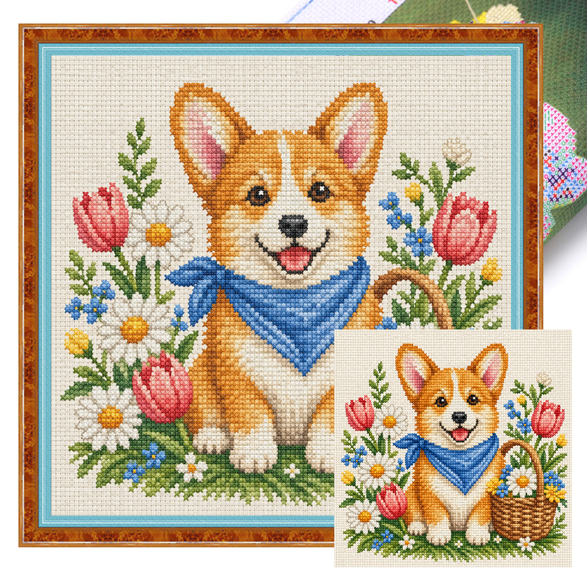 Springtime Corgi-Dog - Full 14CT Stamped Cross Stitch 30x30CM - Huacan