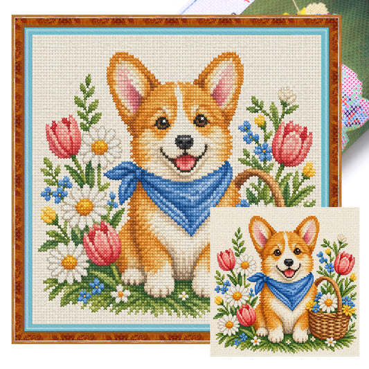 Springtime Corgi-Dog - Full 14CT Stamped Cross Stitch 30x30CM - Huacan