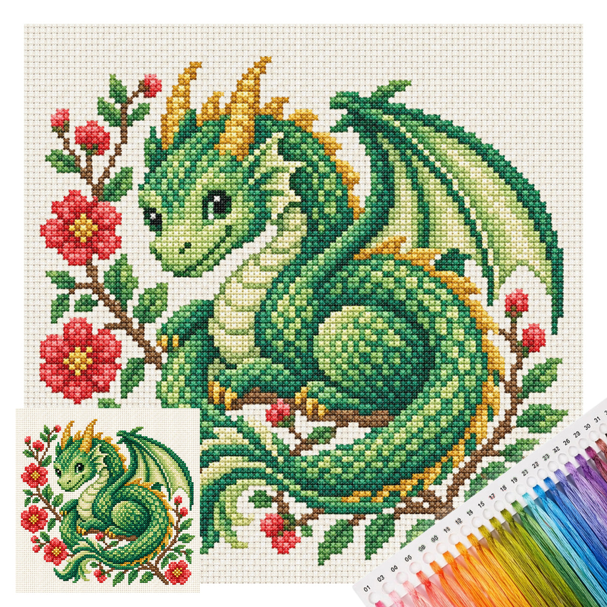 Floral Hatchling Dragon - Full 14CT Stamped Cross Stitch 30x30CM - Huacan