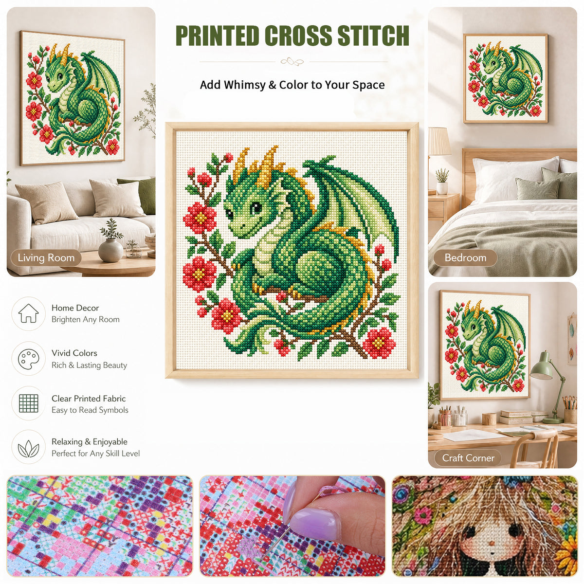 Floral Hatchling Dragon - Full 14CT Stamped Cross Stitch 30x30CM - Huacan