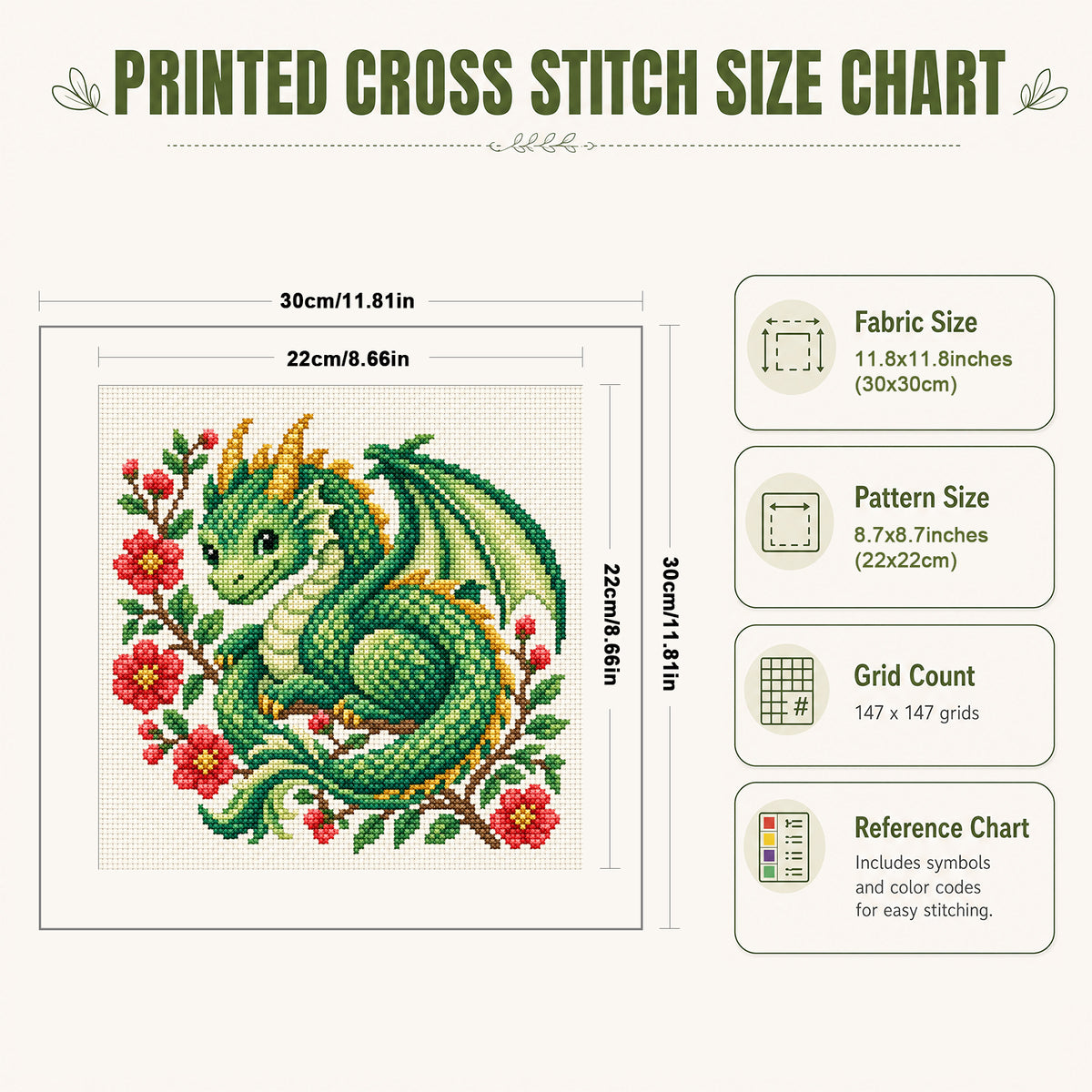 Floral Hatchling Dragon - Full 14CT Stamped Cross Stitch 30x30CM - Huacan