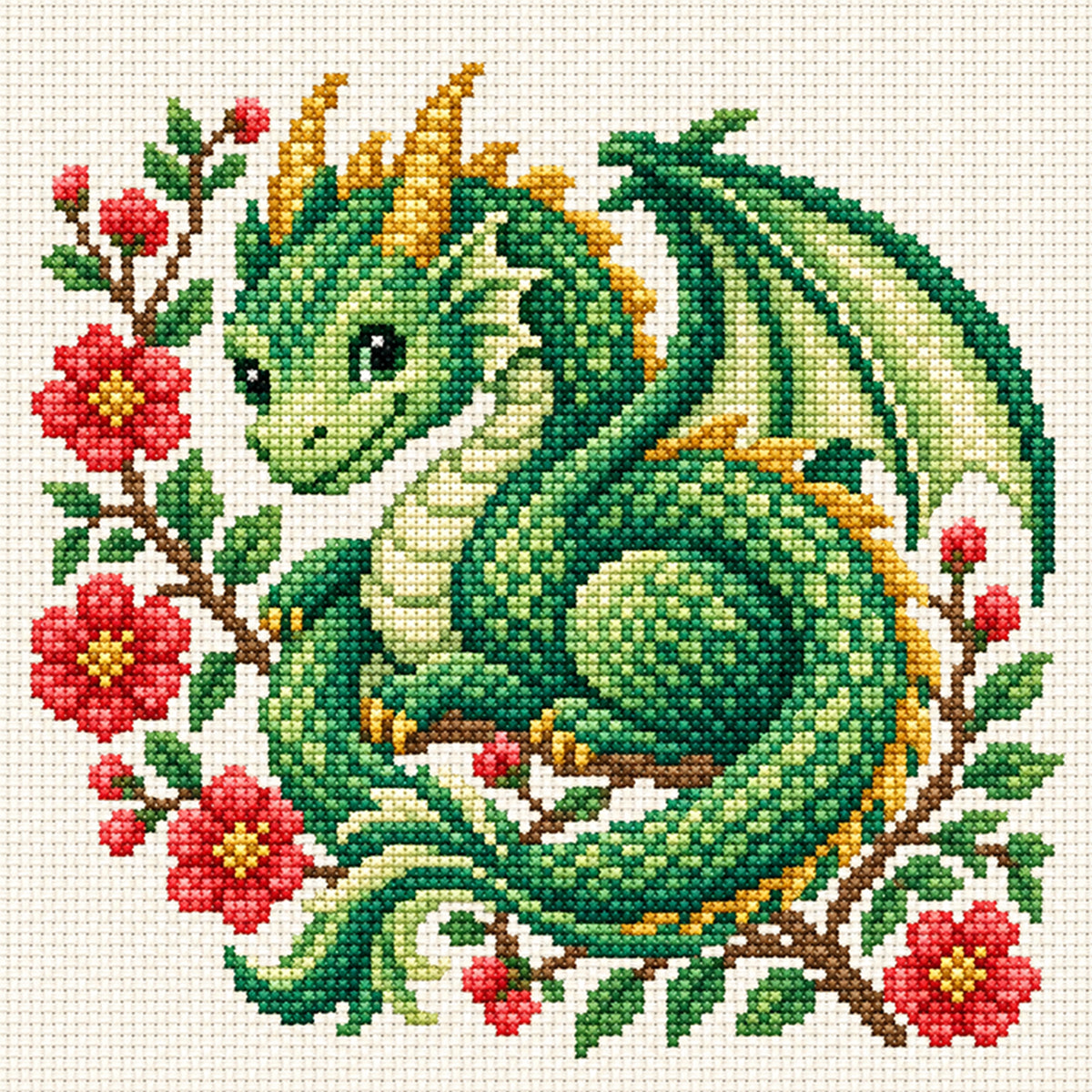 Floral Hatchling Dragon - Full 14CT Stamped Cross Stitch 30x30CM - Huacan