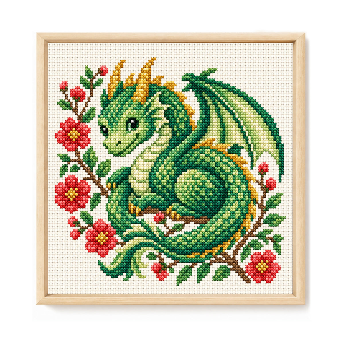 Floral Hatchling Dragon - Full 14CT Stamped Cross Stitch 30x30CM - Huacan