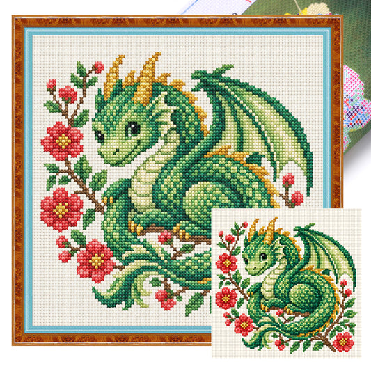 Blumiger Drachennachwuchs - Vollständiges 14CT gestempeltes Kreuzstich-Set 30x30CM - Huacan