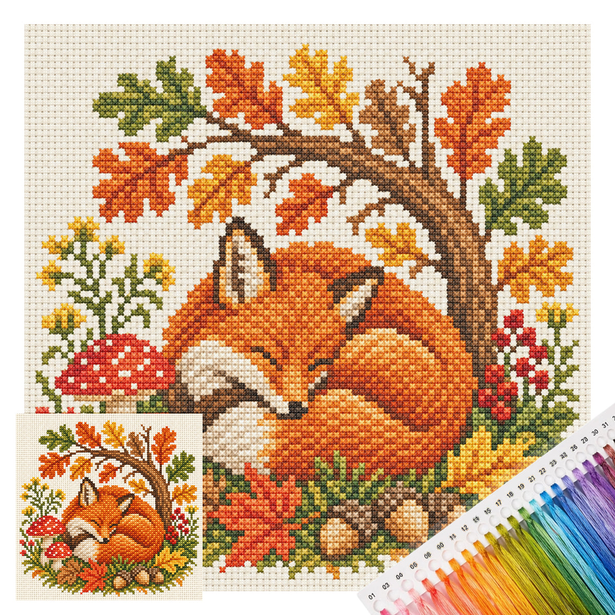 Sleeping Fox In An Autumn Forest - Full 14CT Stamped Cross Stitch 30x30CM - Huacan