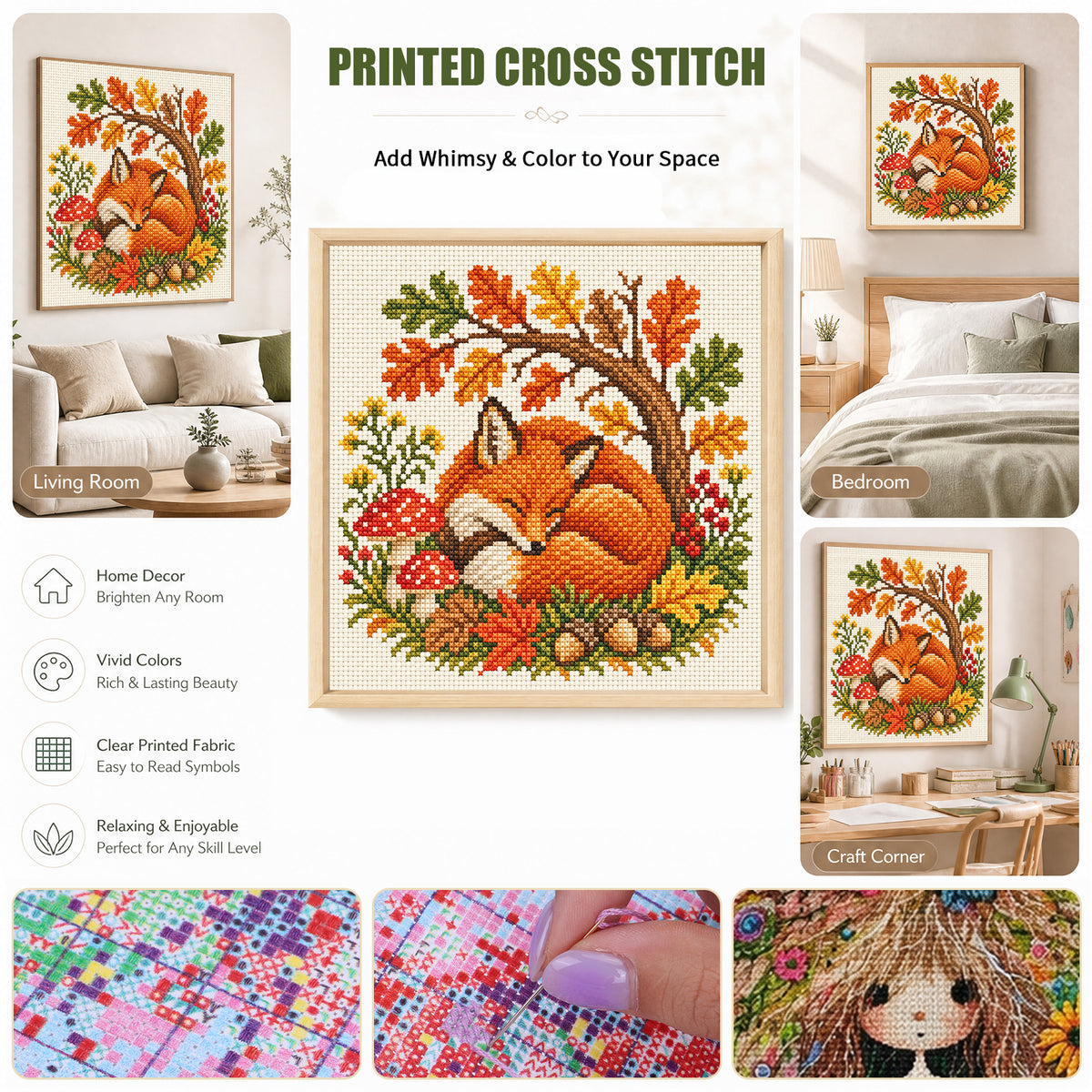 Sleeping Fox In An Autumn Forest - Full 14CT Stamped Cross Stitch 30x30CM - Huacan