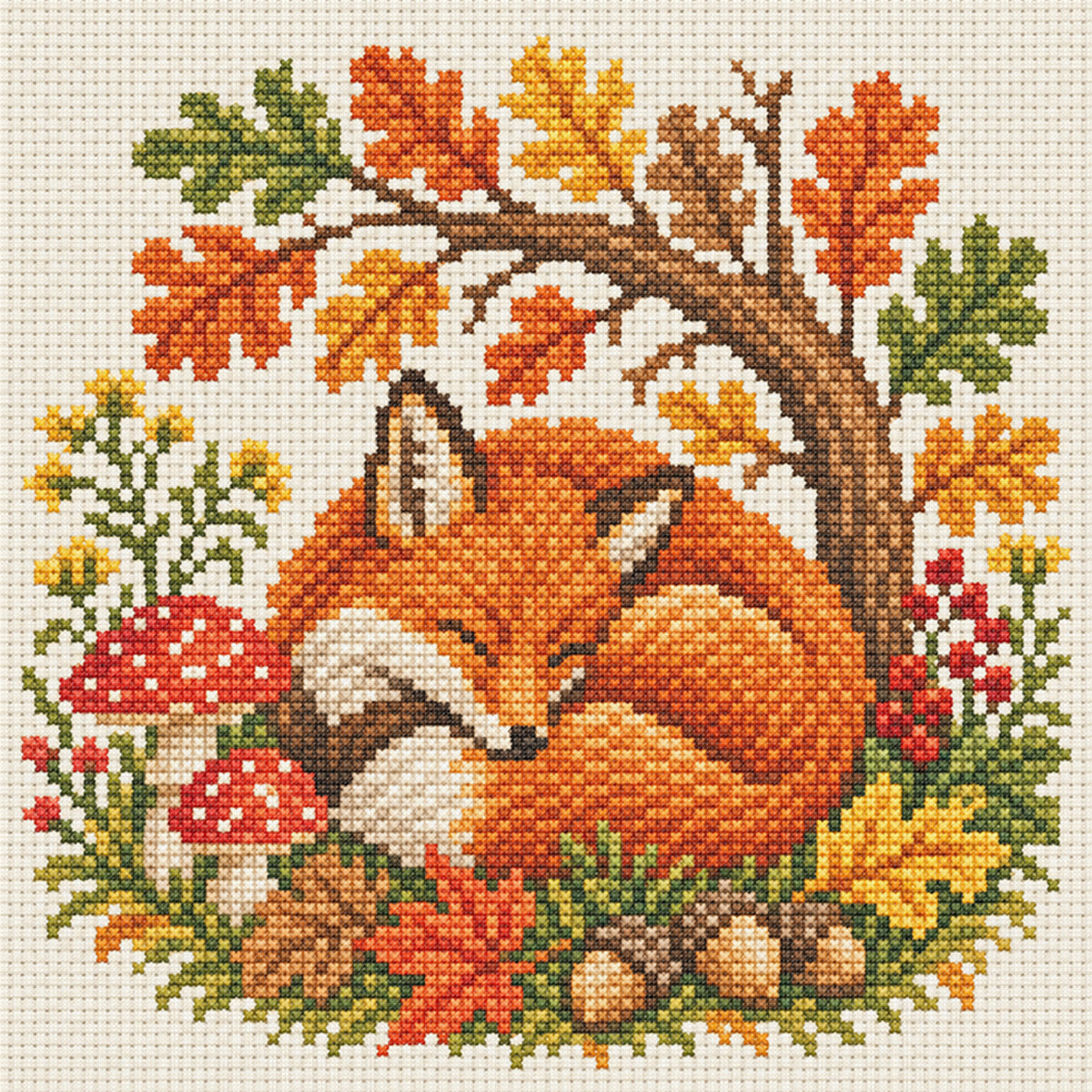 Sleeping Fox In An Autumn Forest - Full 14CT Stamped Cross Stitch 30x30CM - Huacan