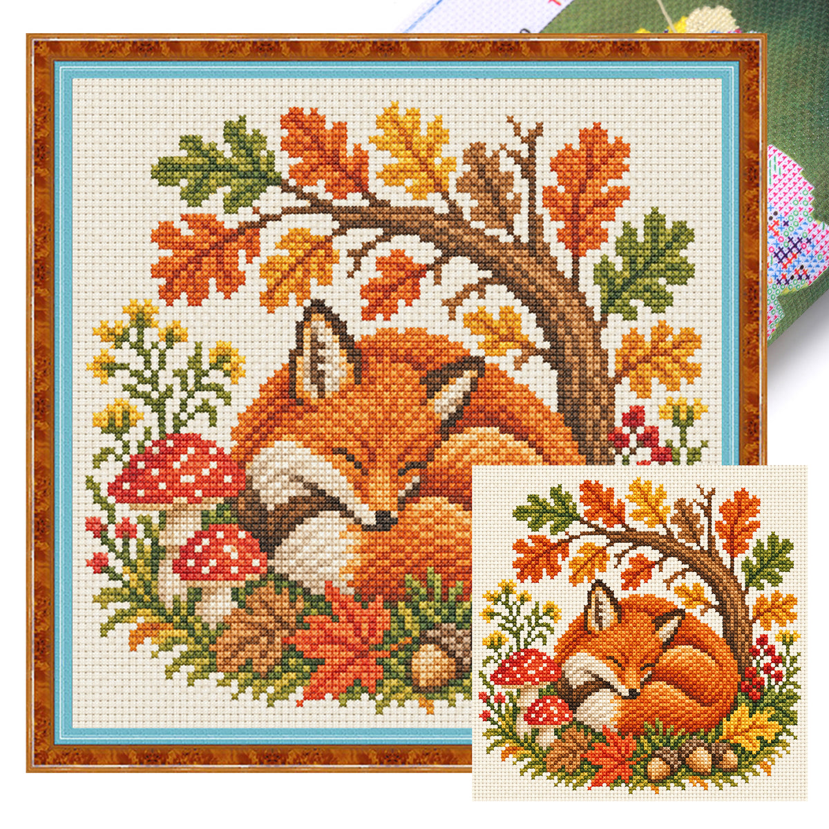 Sleeping Fox In An Autumn Forest - Full 14CT Stamped Cross Stitch 30x30CM - Huacan