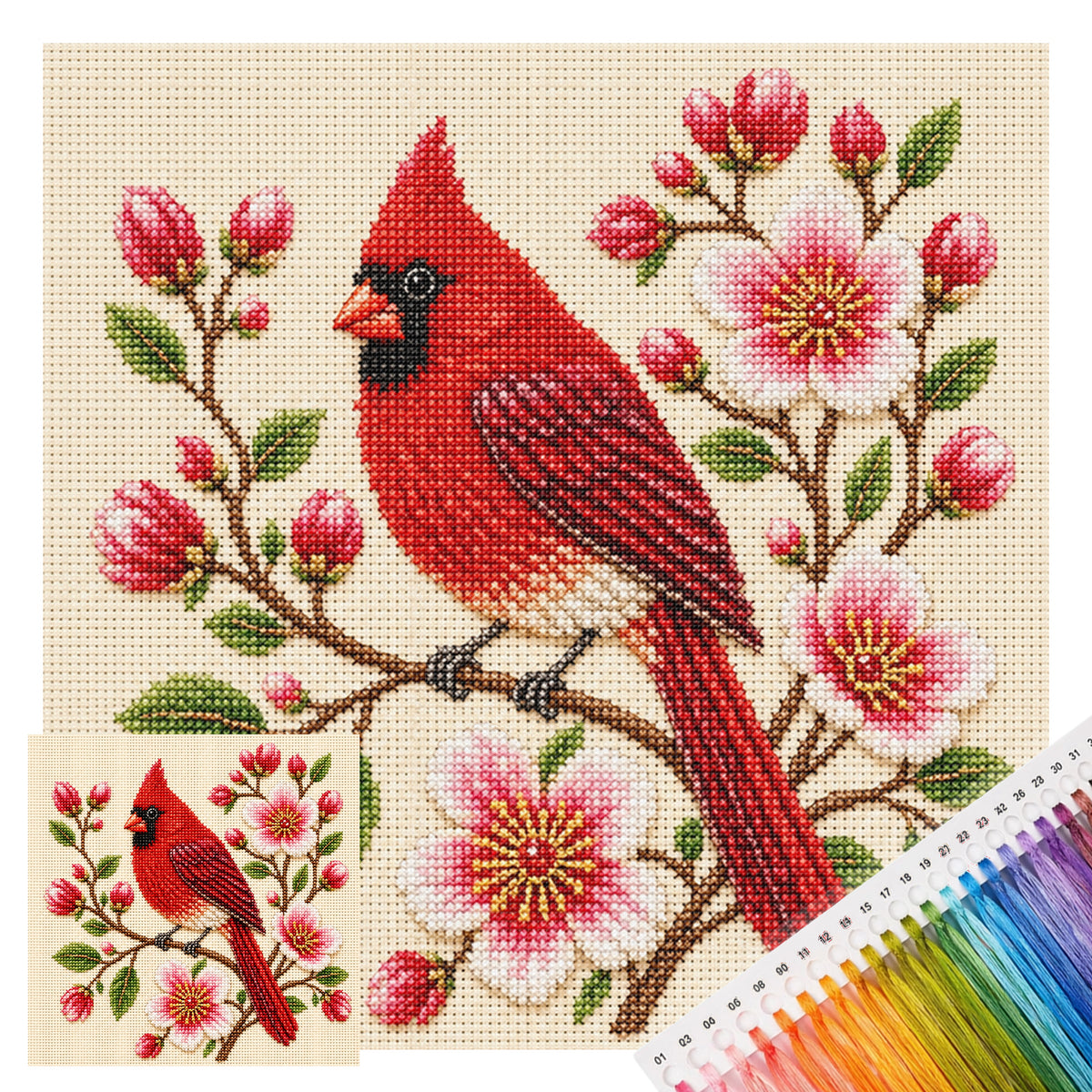 Red-Plumaged Bird - Full 14CT Stamped Cross Stitch 30x30CM - Huacan