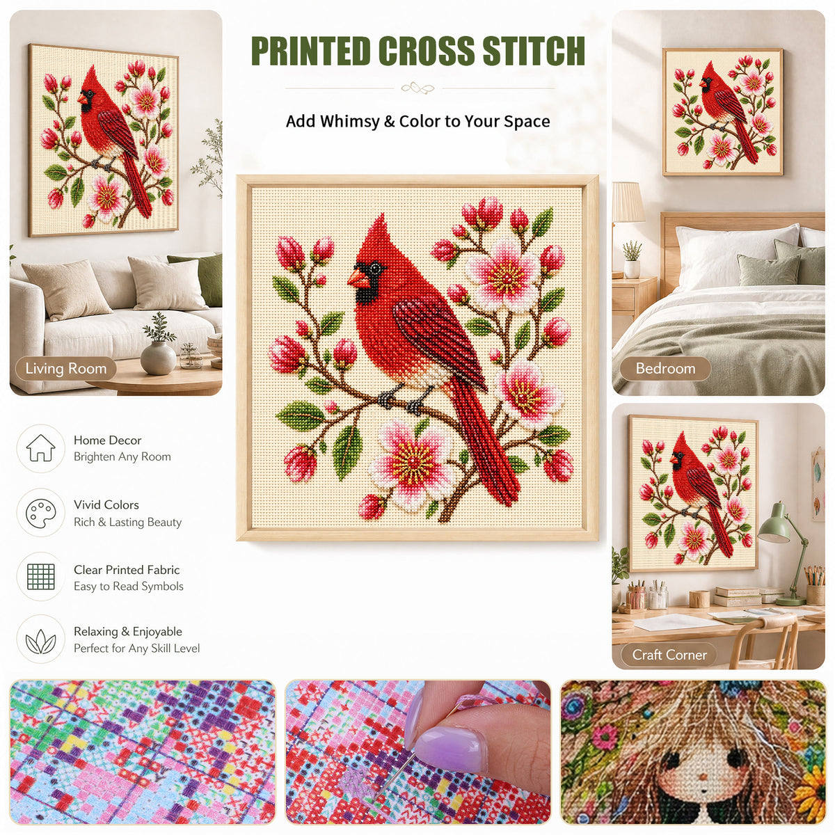 Red-Plumaged Bird - Full 14CT Stamped Cross Stitch 30x30CM - Huacan