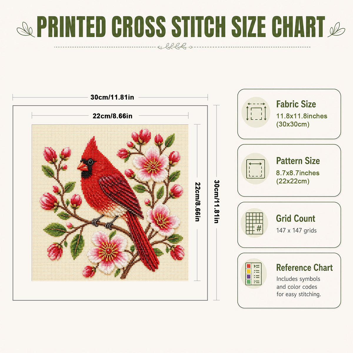 Red-Plumaged Bird - Full 14CT Stamped Cross Stitch 30x30CM - Huacan
