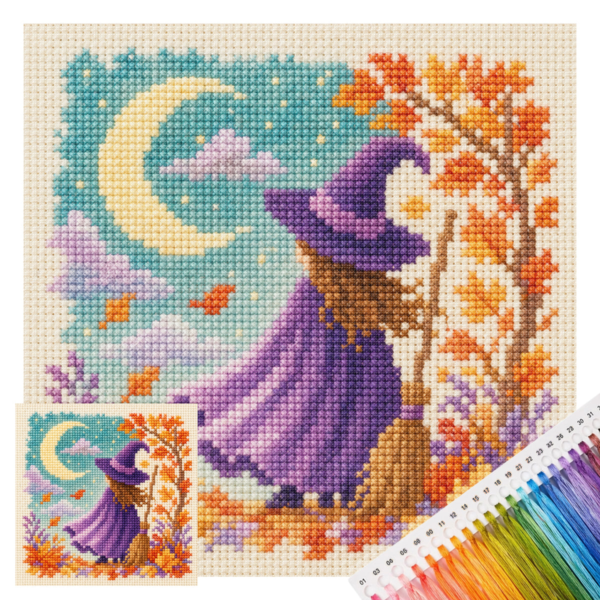 Moonlit Witch - Full 14CT Stamped Cross Stitch 30x30CM - Huacan