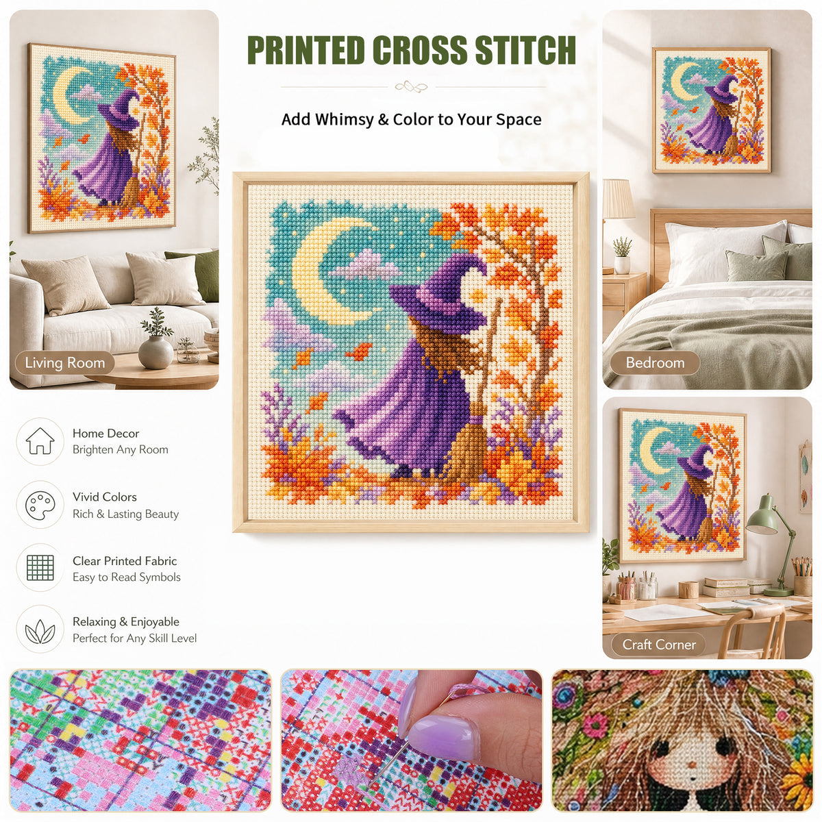 Moonlit Witch - Full 14CT Stamped Cross Stitch 30x30CM - Huacan