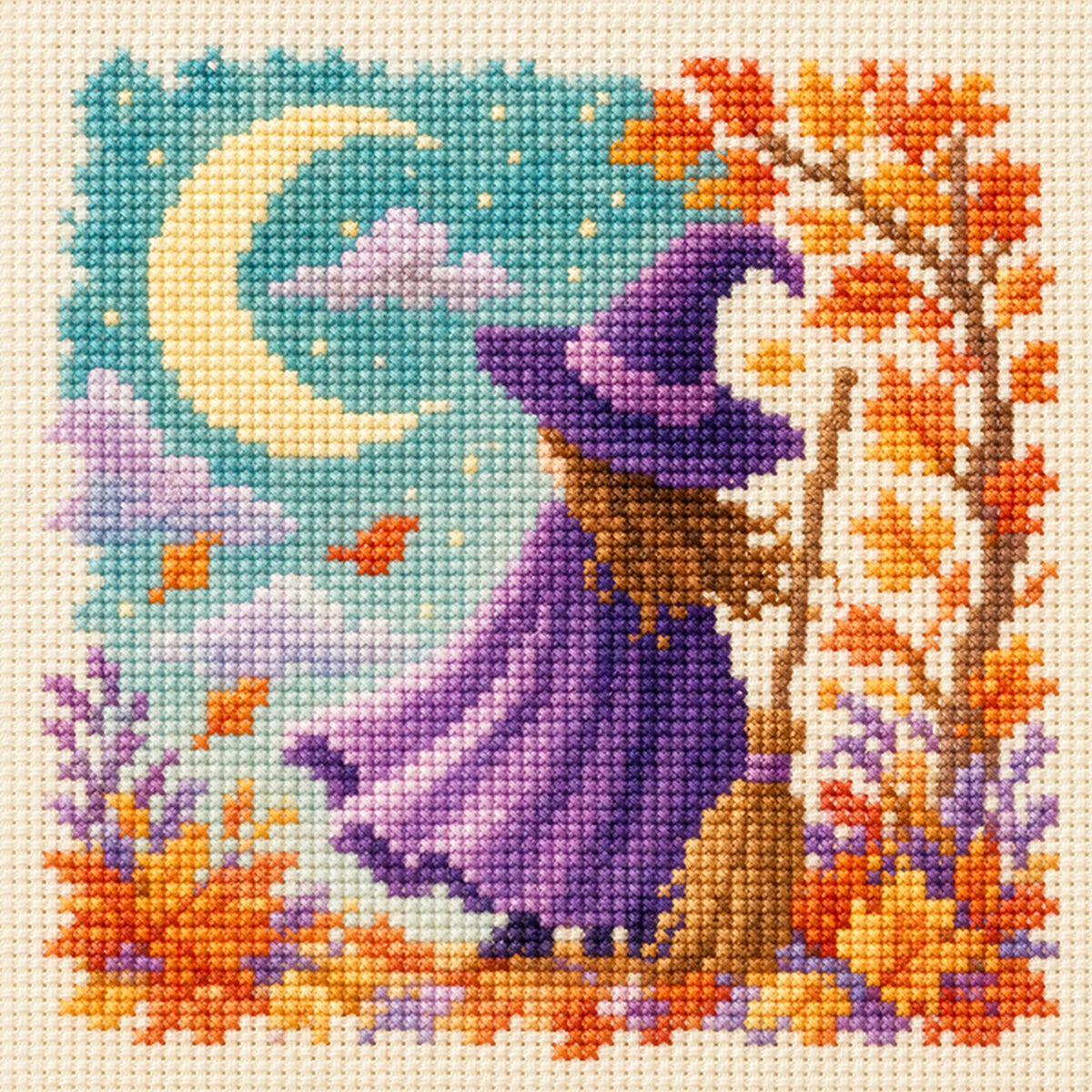 Moonlit Witch - Full 14CT Stamped Cross Stitch 30x30CM - Huacan