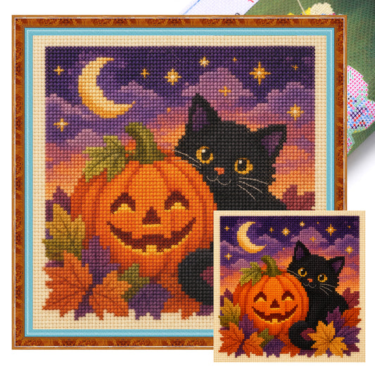 Schwarze Katze in der unheimlichen Nacht - Vollständiges 14CT gestempeltes Kreuzstich-Set 30x30CM - Huacan