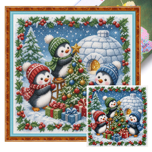 Pinguin-Fest - Vollständiges 11CT gestanztes Kreuzstich-Set 45x45cm - Huacan