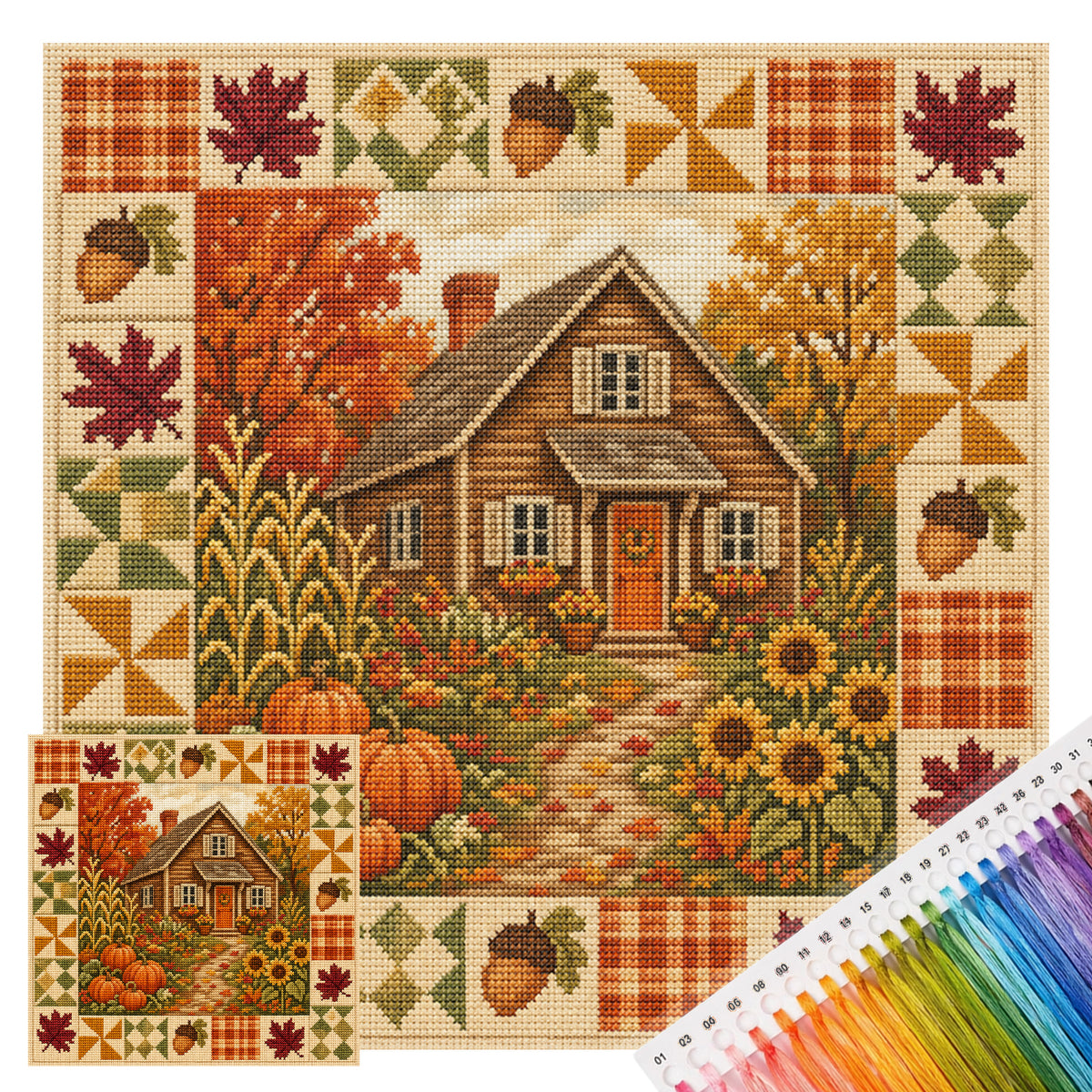 Harvest Cabin - Full 11CT Stamped Cross Stitch 45x45CM - Huacan