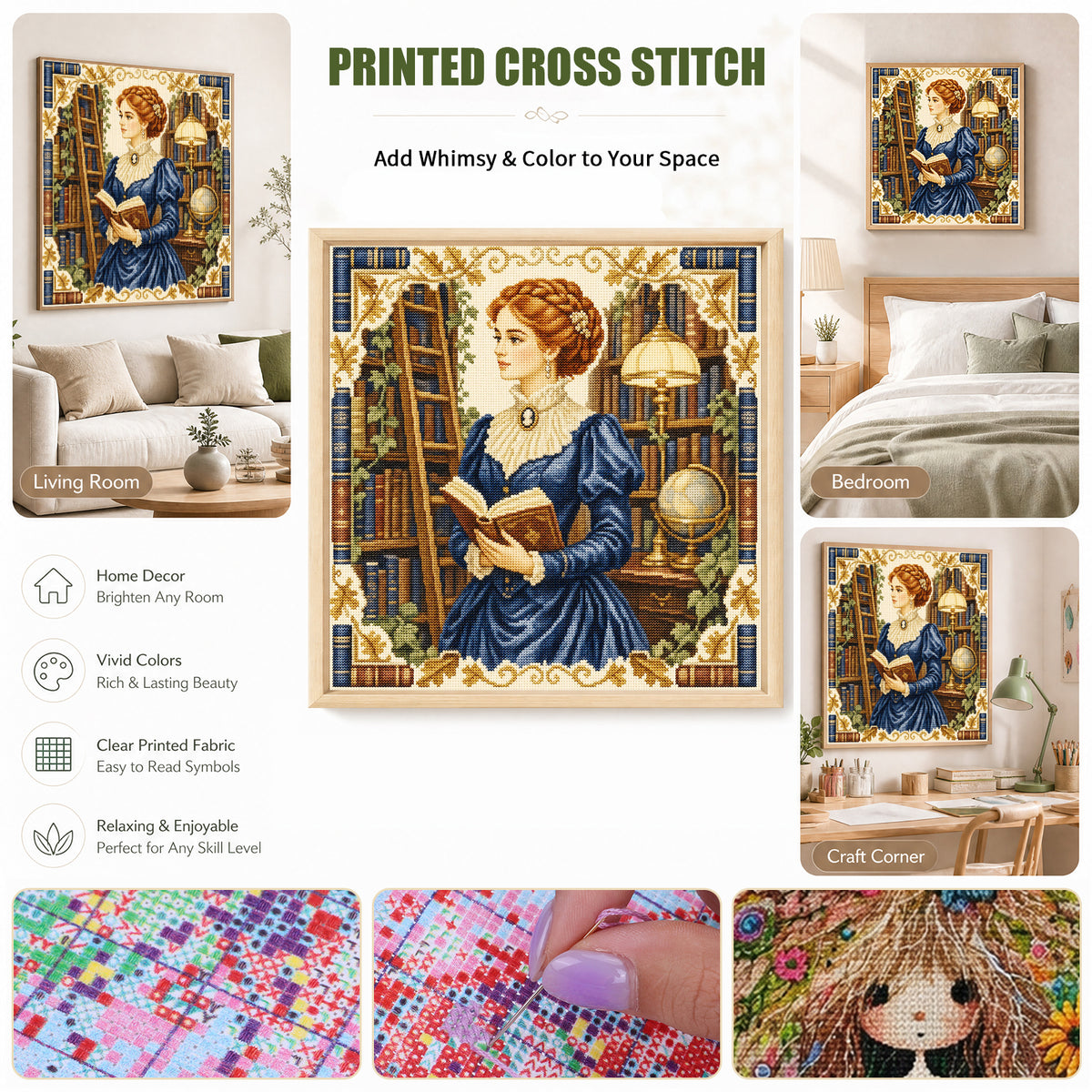 Library Read - Full 11CT Stamped Cross Stitch 45x45CM - Huacan