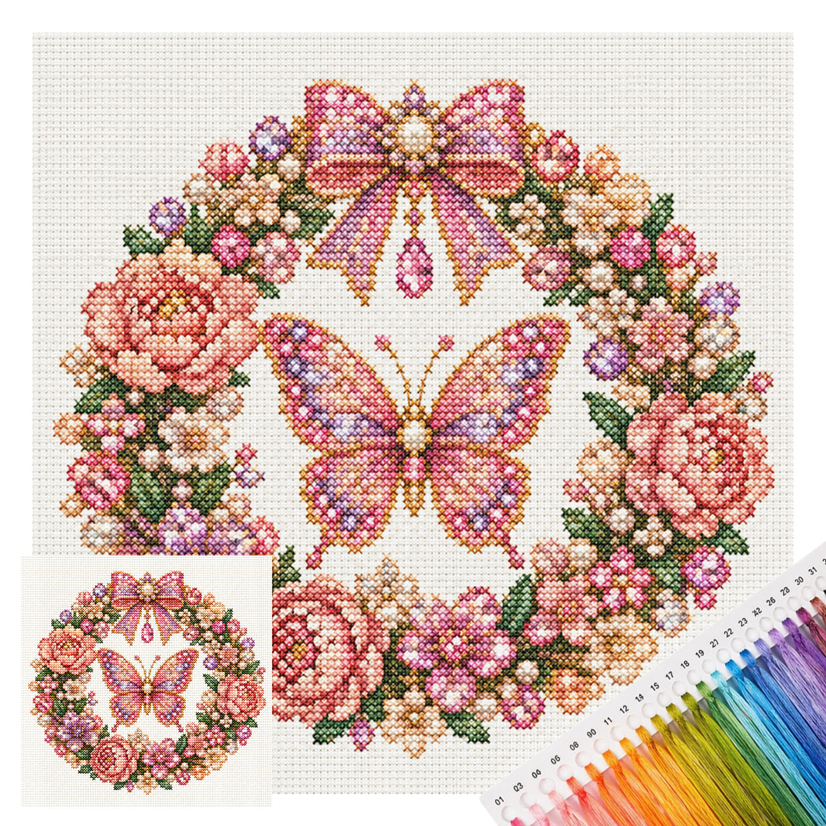 Pink Butterfly - Full 14CT Stamped Cross Stitch 30x30CM - Huacan