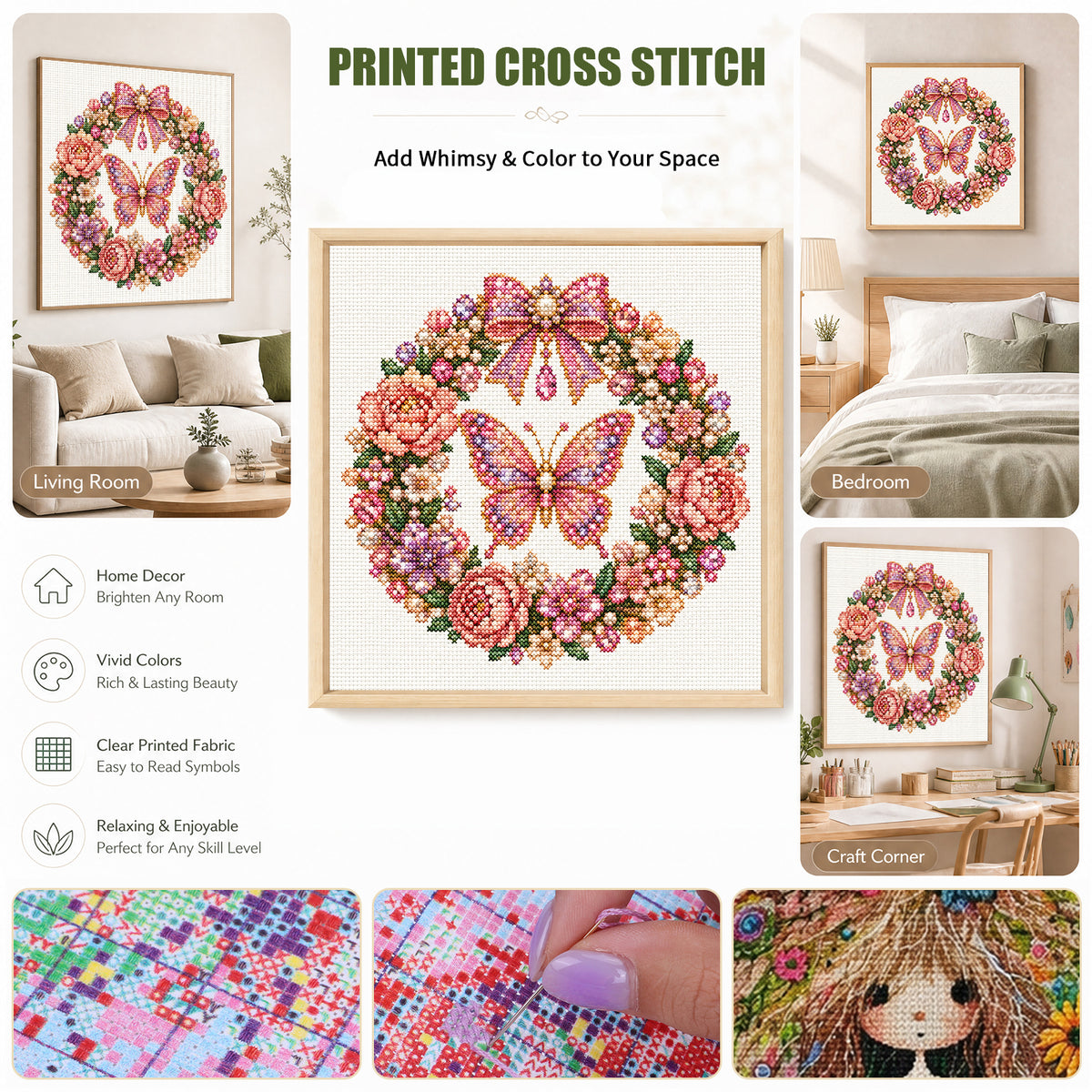 Pink Butterfly - Full 14CT Stamped Cross Stitch 30x30CM - Huacan