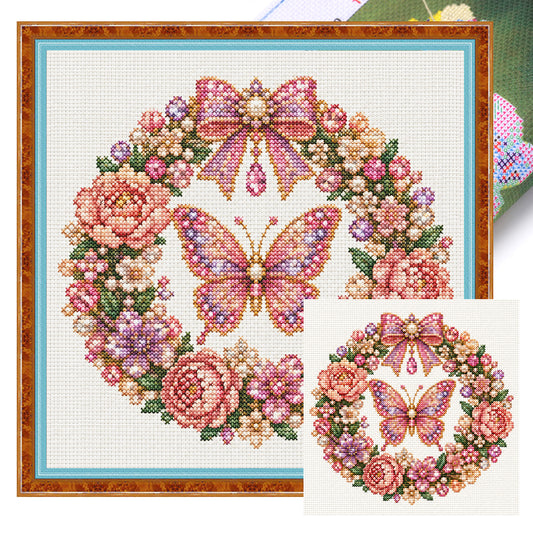 Rosa Schmetterling – Vollständiges 14CT gestempeltes Kreuzstich-Set 30x30CM – Huacan