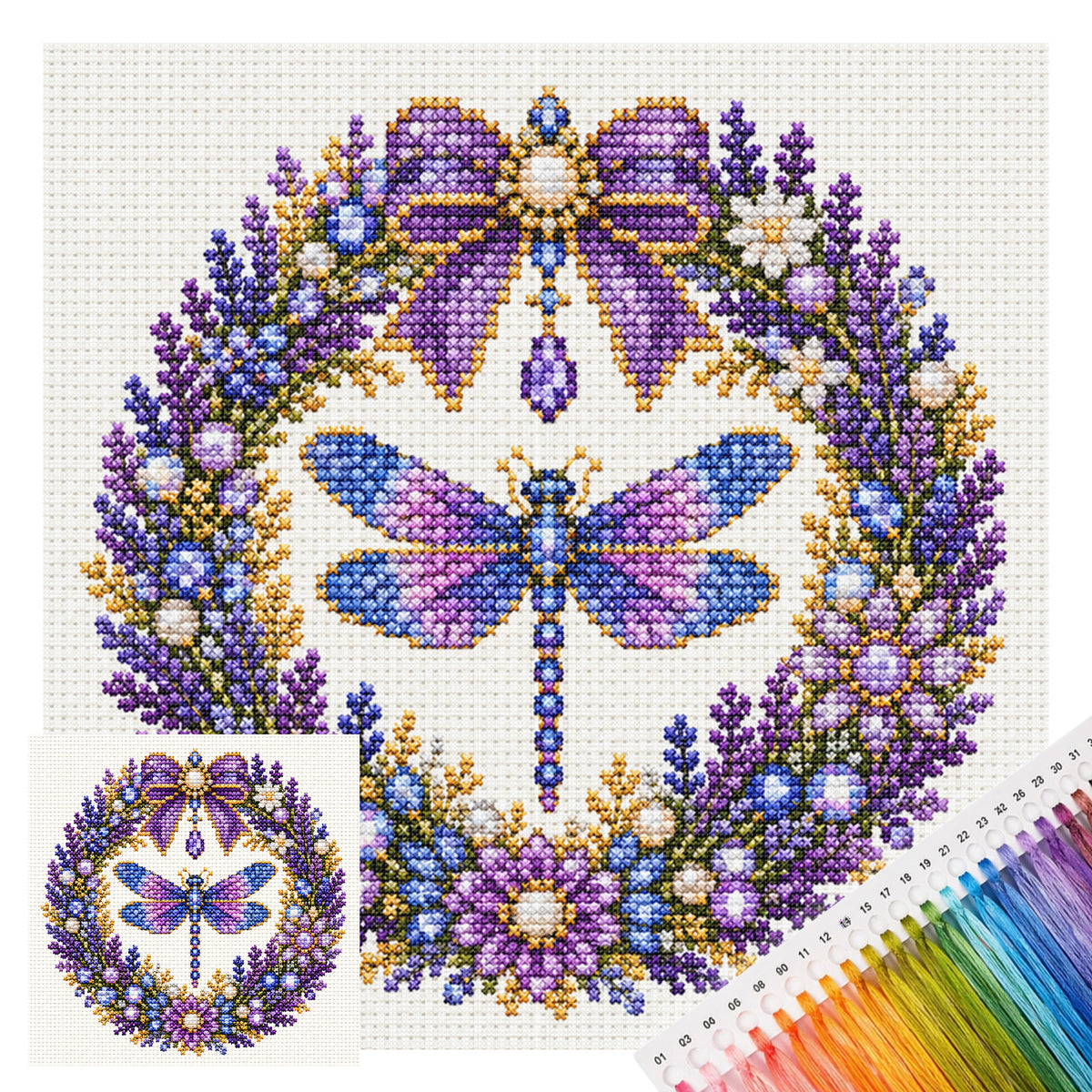 Lavender Dragonfly - Full 14CT Stamped Cross Stitch 30x30CM - Huacan