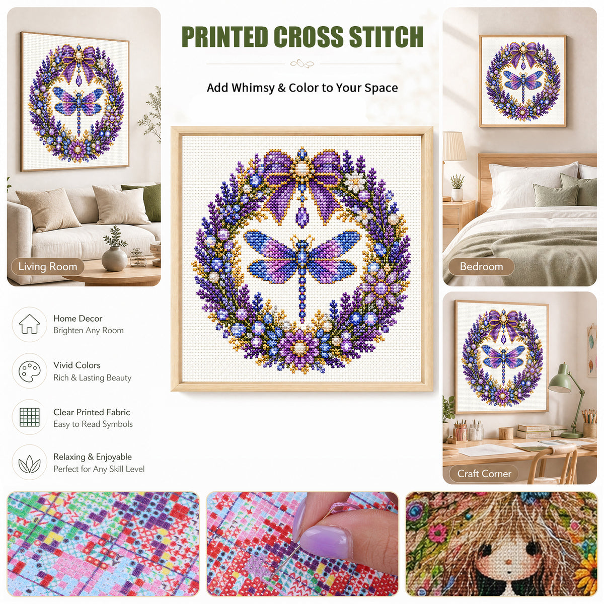 Lavender Dragonfly - Full 14CT Stamped Cross Stitch 30x30CM - Huacan