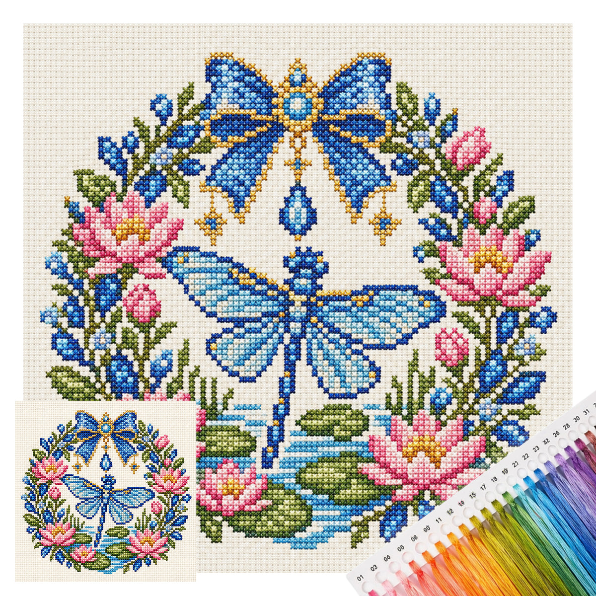 Lotus Dragonfly - Full 14CT Stamped Cross Stitch 30x30CM - Huacan