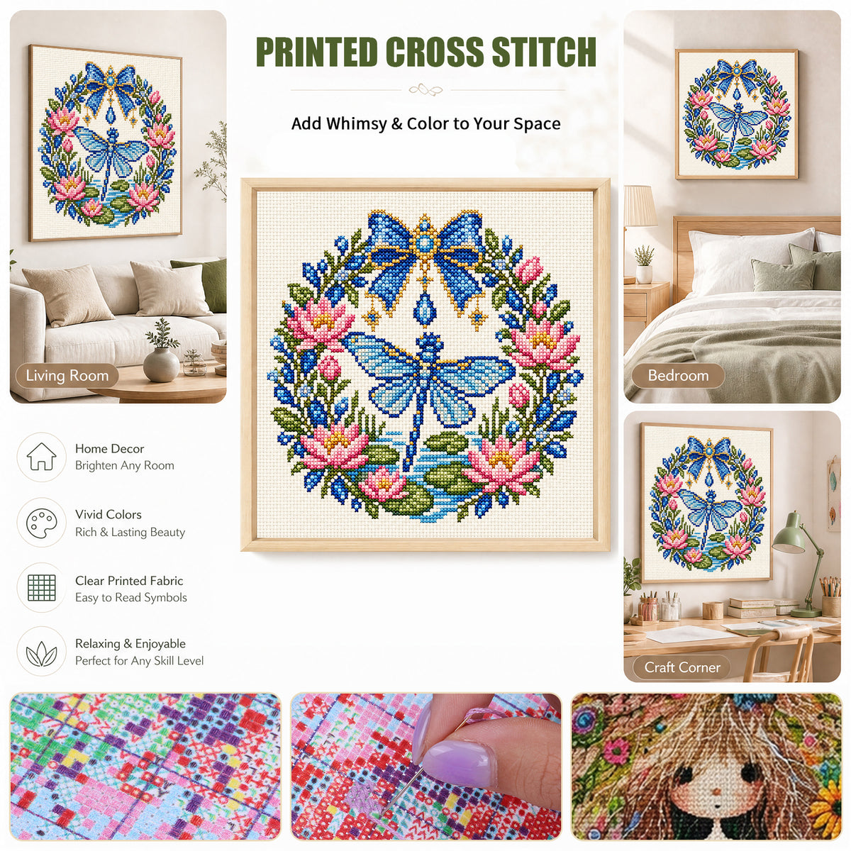 Lotus Dragonfly - Full 14CT Stamped Cross Stitch 30x30CM - Huacan