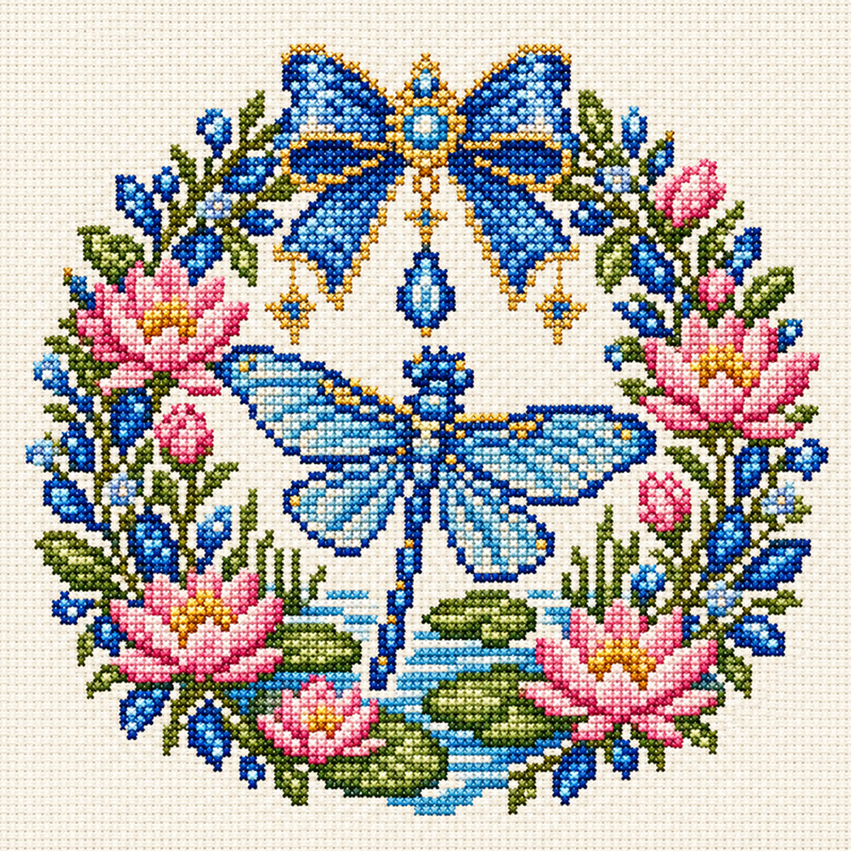 Lotus Dragonfly - Full 14CT Stamped Cross Stitch 30x30CM - Huacan