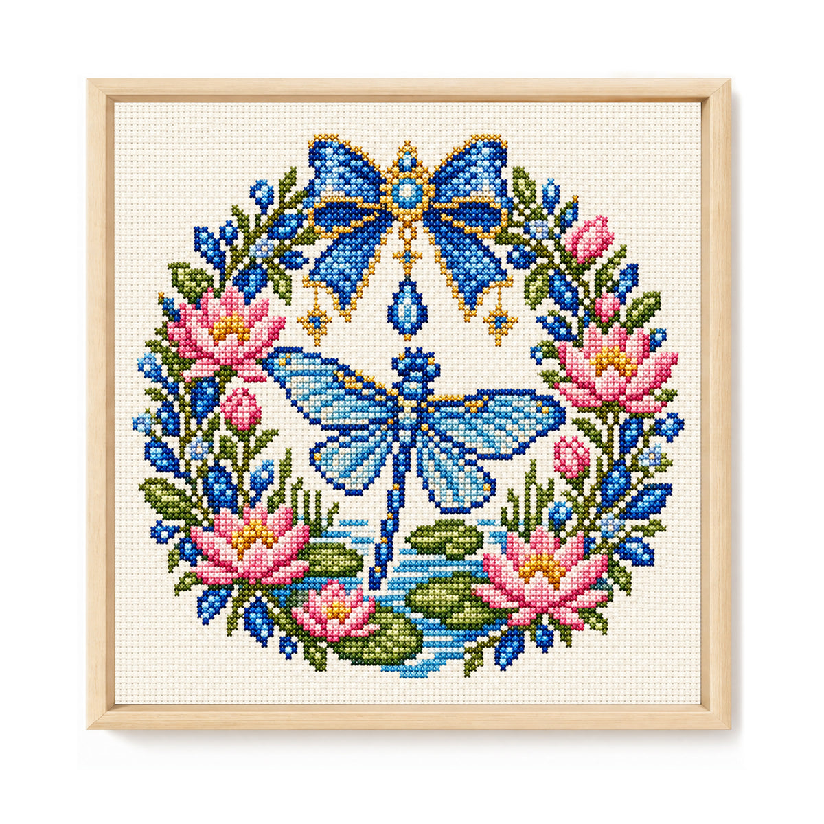 Lotus Dragonfly - Full 14CT Stamped Cross Stitch 30x30CM - Huacan