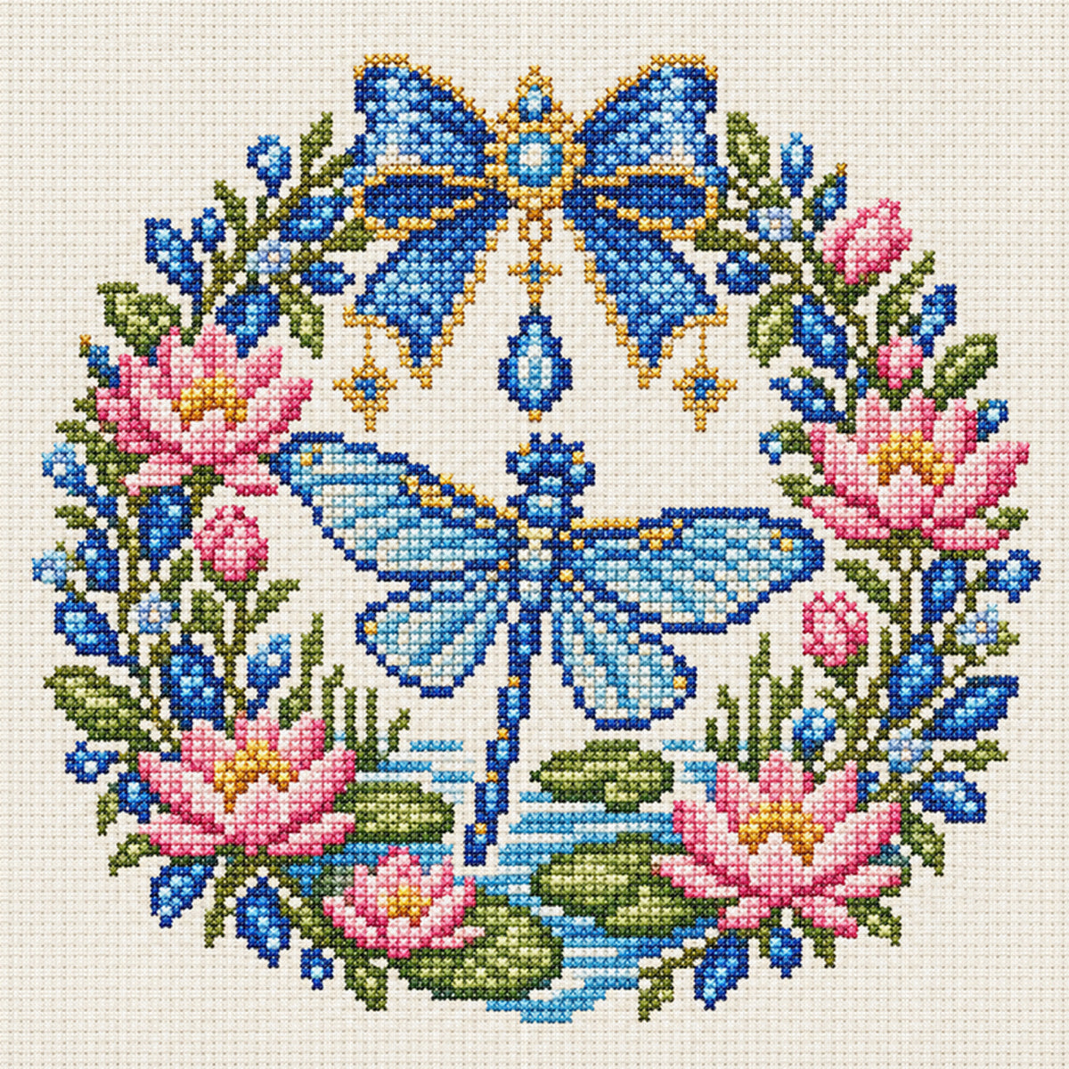 Lotus Dragonfly - Full 14CT Stamped Cross Stitch 30x30CM - Huacan