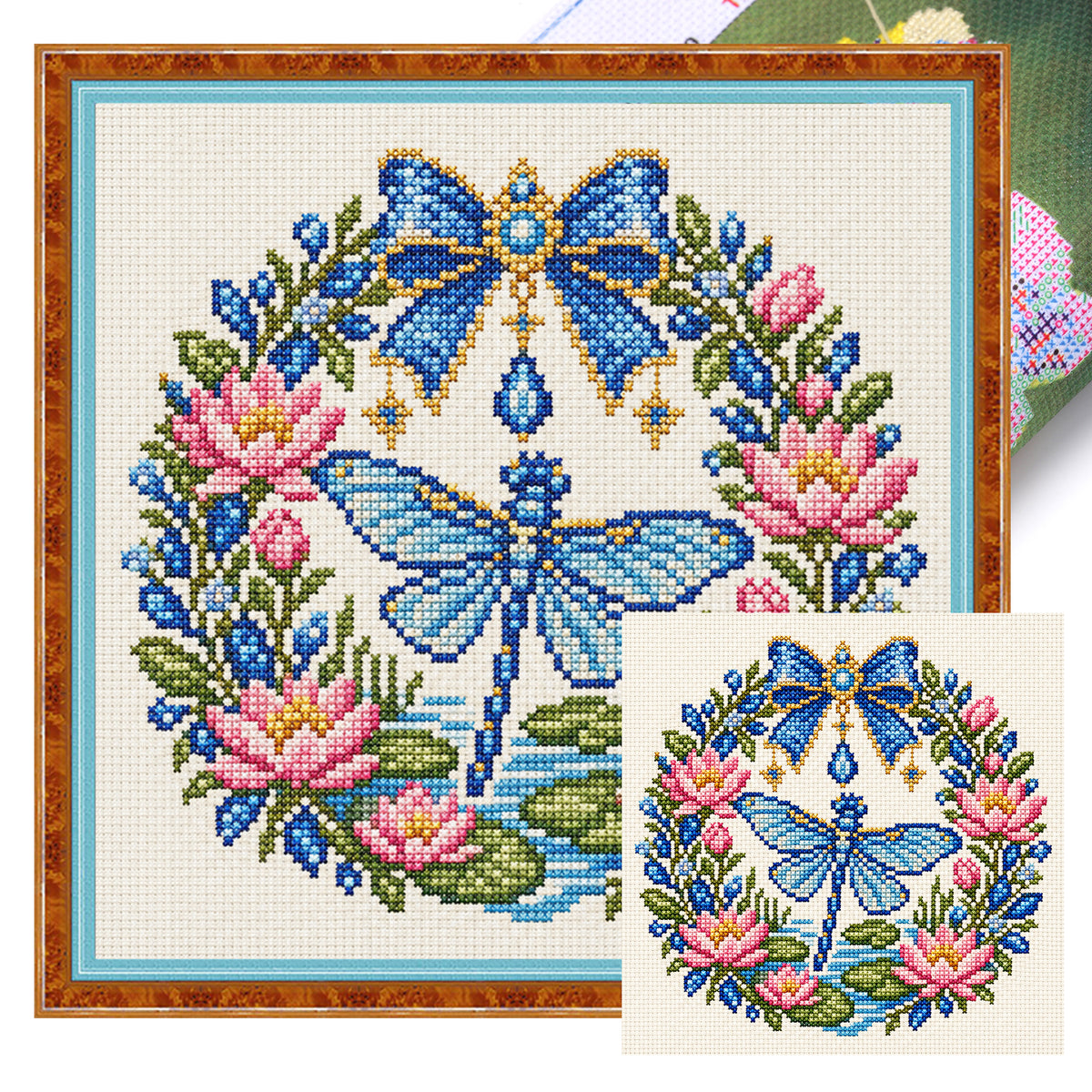 Lotus Dragonfly - Full 14CT Stamped Cross Stitch 30x30CM - Huacan