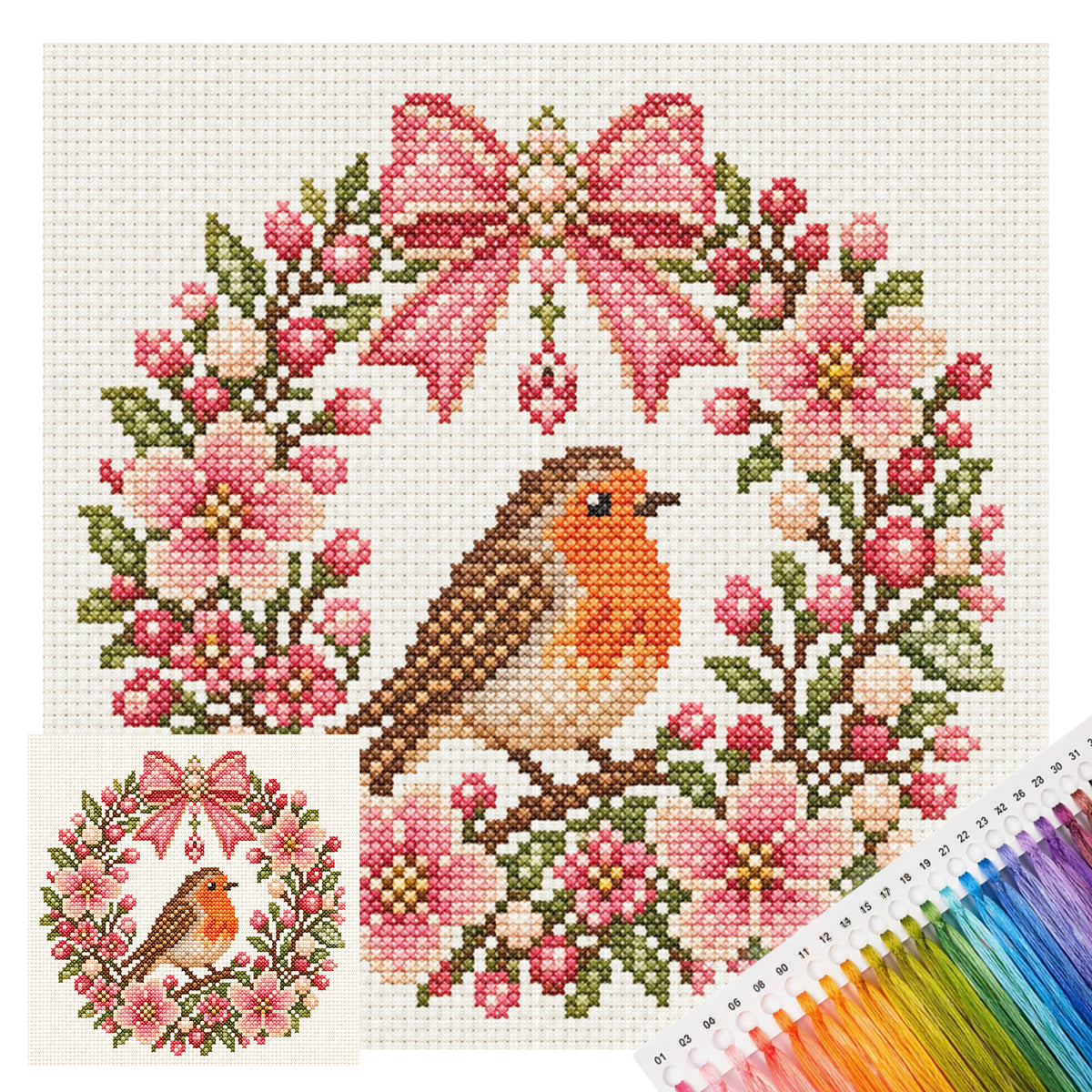 Robin Wreath-Cat - Full 14CT Stamped Cross Stitch 30x30CM - Huacan