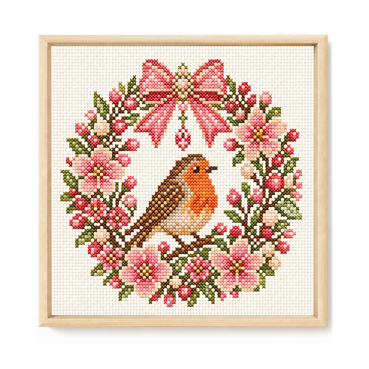 Robin Wreath-Cat - Full 14CT Stamped Cross Stitch 30x30CM - Huacan