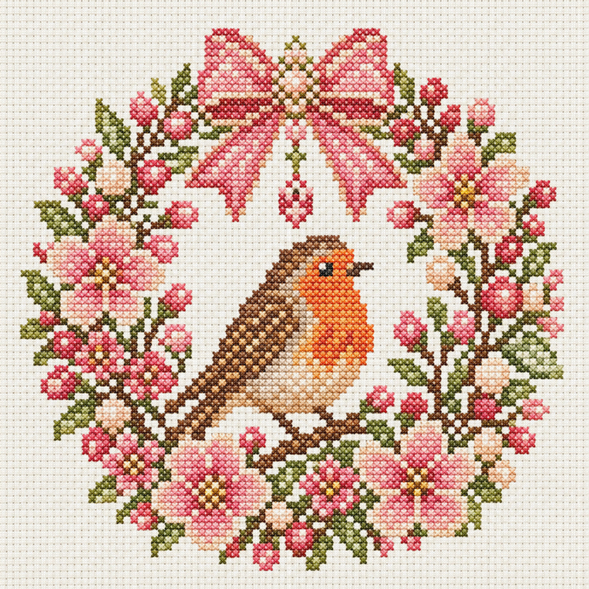 Robin Wreath-Cat - Full 14CT Stamped Cross Stitch 30x30CM - Huacan