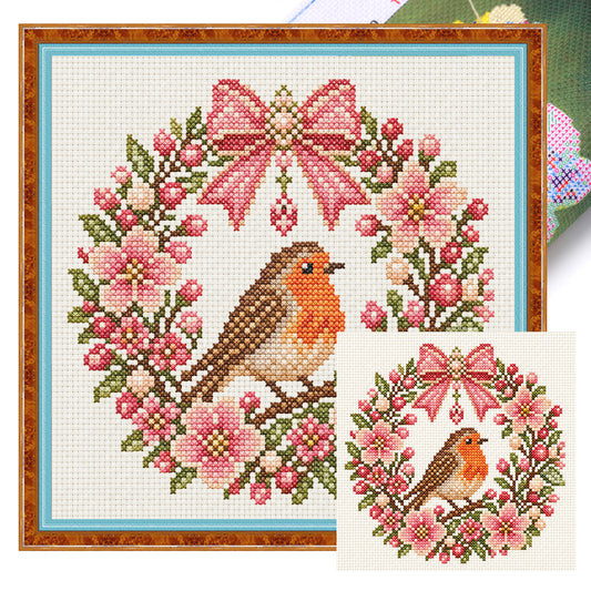 Robin-Kranz-Katze – Vollständiges 14CT-Stempel-Kreuzstichset 30x30CM – Huacan