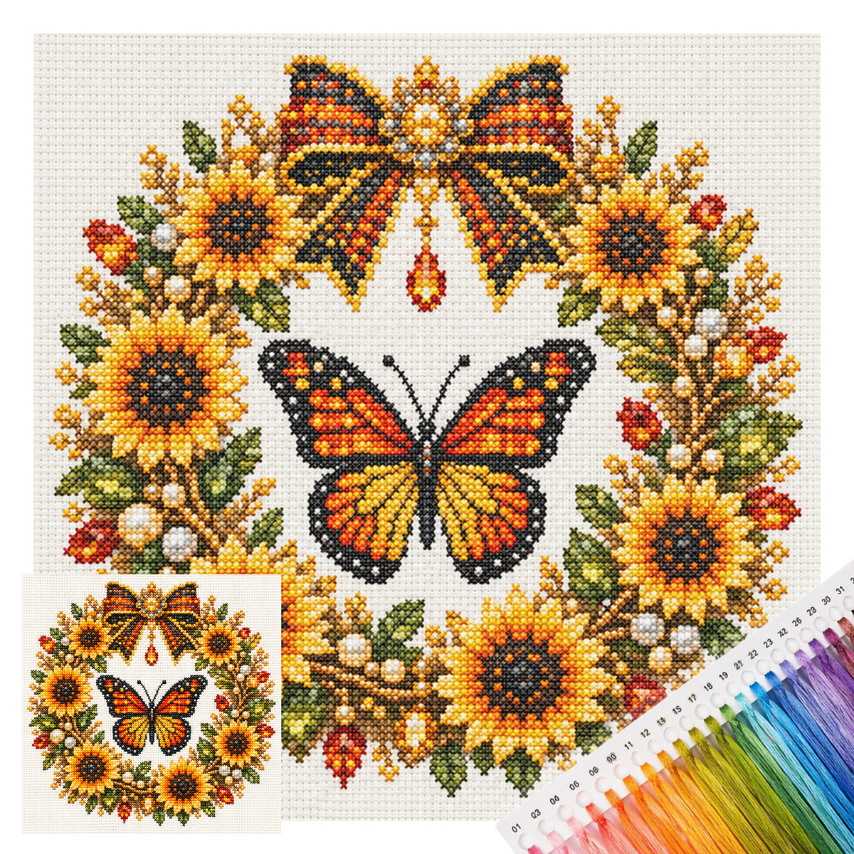 Monarch Wreath - Full 14CT Stamped Cross Stitch 30x30CM - Huacan