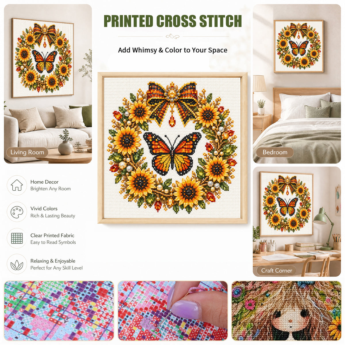 Monarch Wreath - Full 14CT Stamped Cross Stitch 30x30CM - Huacan